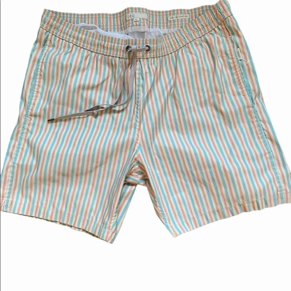 Onia Men’s Swim Trunks - Aqua, Coral, White Stripe